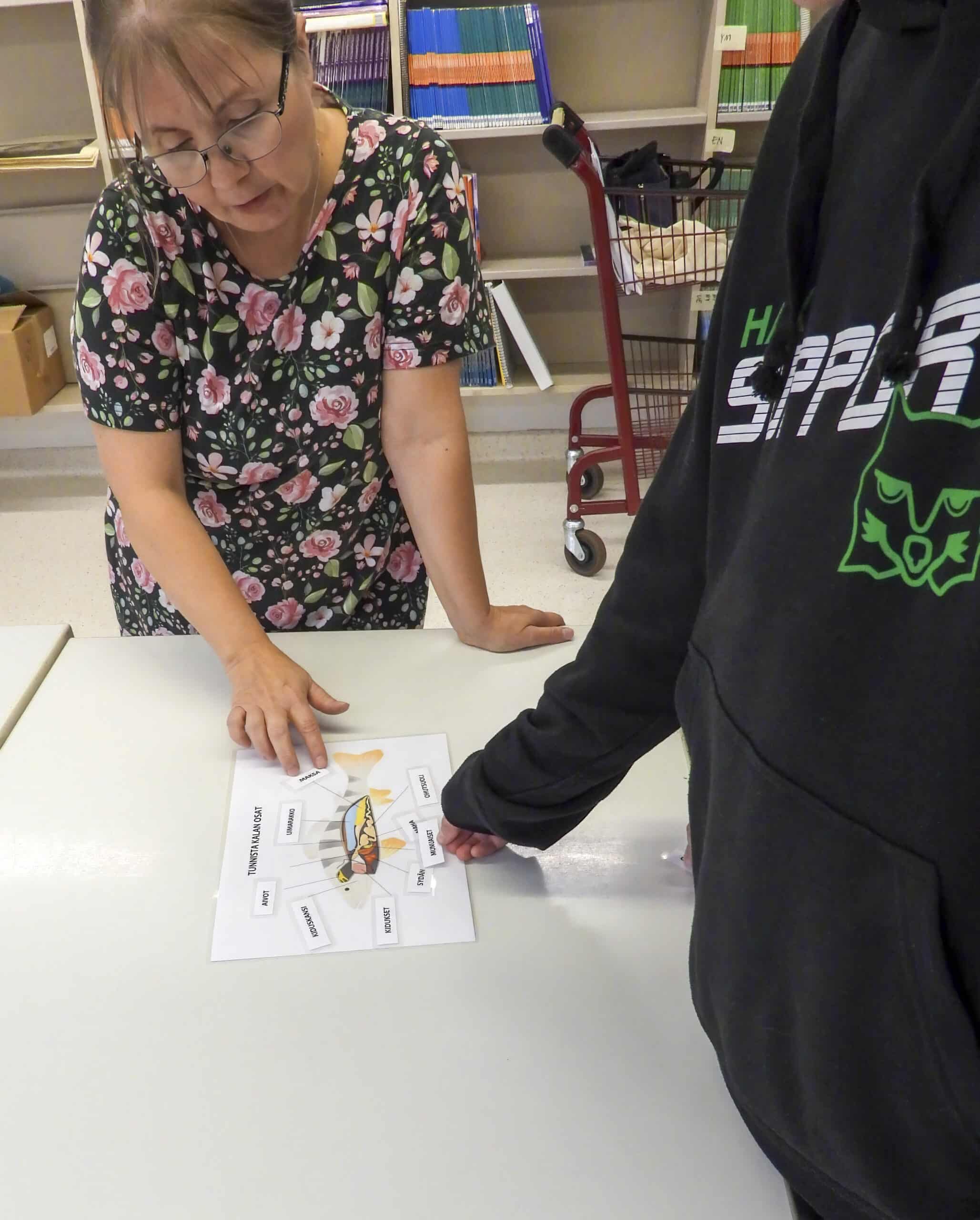 Yhtenä tehtävänä oli tunnistaa kalan eri osat.